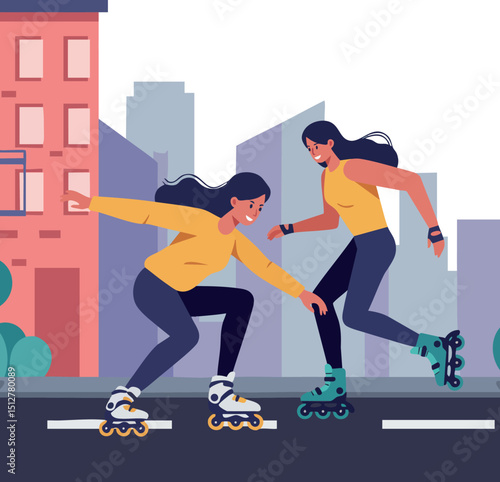 Young Women Roller Skating in Urban Cityscape with Skyscrapers and Buildings Vector Illustration 