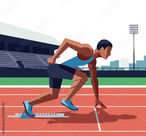 Male Athlete Preparing to Sprint on Running Track at Stadium Vector Illustration 