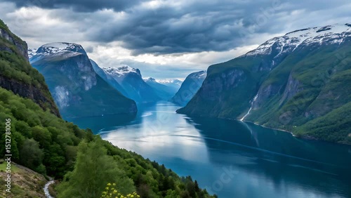 Wallpaper Mural Aerial view of a fjord surrounded by mountains and cloudy skies Torontodigital.ca