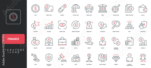 Finance, budget and revenue, success of growth strategy, bank deposit and credit card line icon set. Cash wallet and coins of savings, gold thin black and red outline symbols vector illustration