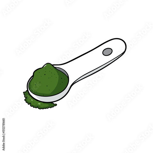 Green powder in measuring spoon isolated on white background