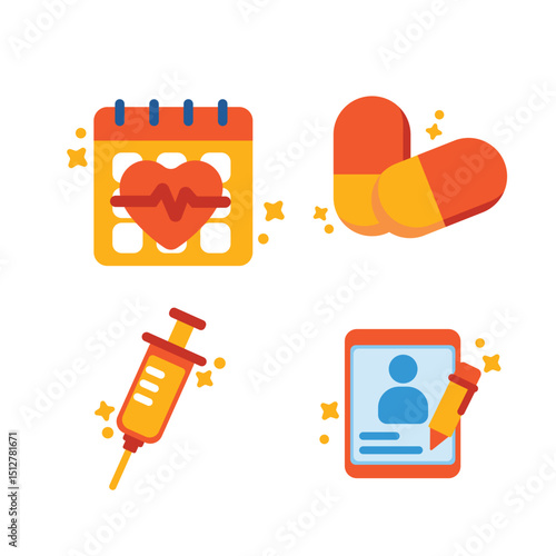 A clean and colorful icon set showcasing an injection syringe, pills, vaccination card, and medical documents. Ideal for illustrating immunization campaigns and digital health records