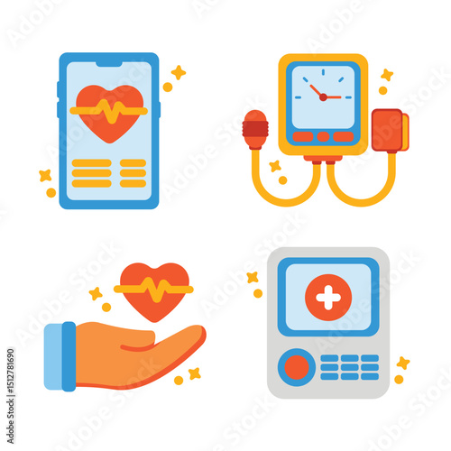 Set of 2D flat icons showing smartwatch, blood pressure monitor, heart in hand, and health device. Best for medical apps, remote monitoring, and smart healthcare products