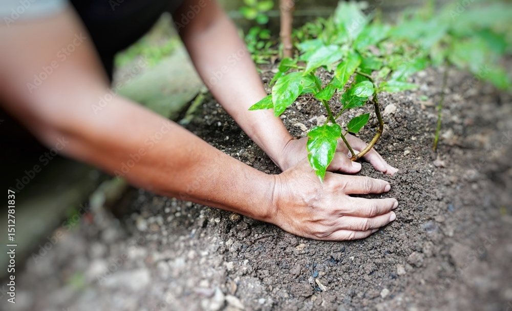 Fototapeta premium A man planting a tree seedling in a park. Earth Day concept. Environmental preservation.