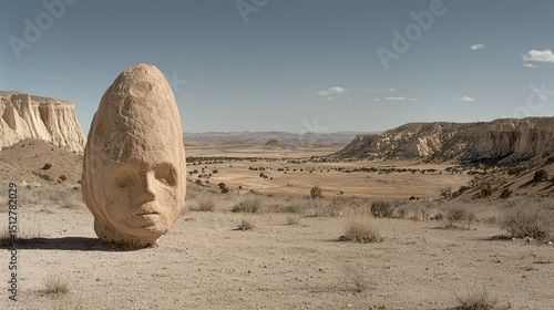 A stone carved face stands in a vast arid landscape