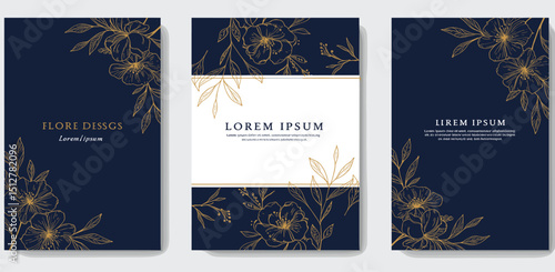Vector set of flower golden art deco patterns, floral line package labels. Perfume, beauty products, jewelry package, wedding invitations, asian style nature