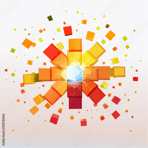 Pixelated squares burst from center in an abstract tech-inspired composition.