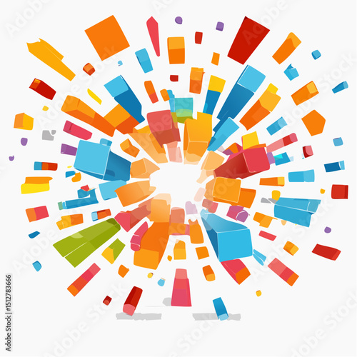 Pixelated squares burst from center in an abstract tech-inspired composition.