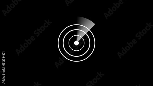 Abstract white radar concept on black background depicting scanning detection and modern technology with a concentric circle target.