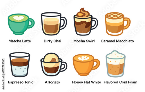 Vibrant drink icon set: flat style coffee, beverage, and cafe icons