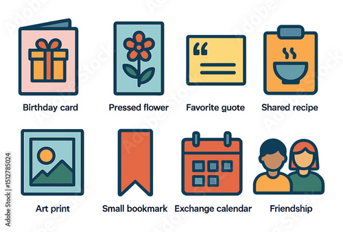 Pen pal icon set: flat style. communication and friendship symbols