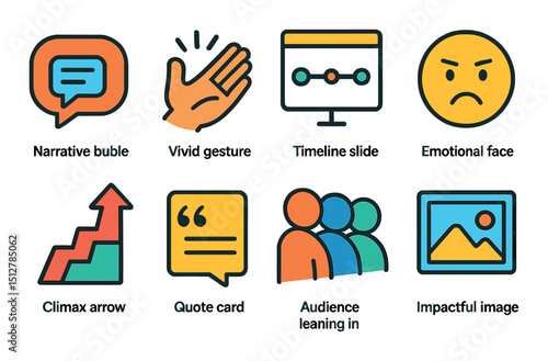 Storytelling icon set: flat style symbols for speech, narrative, and presentation