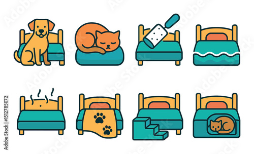 Pet bed flat icon set. animal sleep symbols for dogs and cats