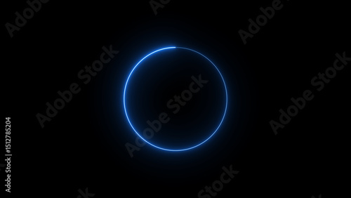 A bright glowing blue neon ring on a black background illustrating technology light energy circle science concept and futuristic design element