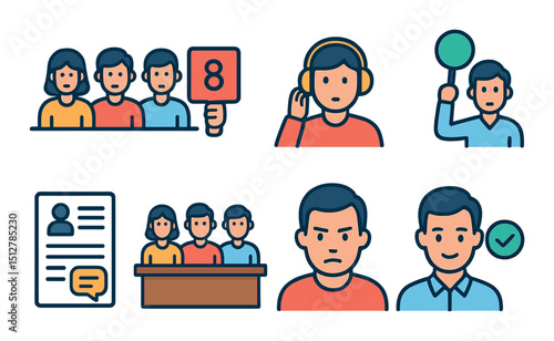 Debate judging flat icon set. adjudication, evaluation, competition symbols