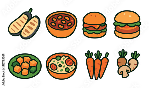 Vegetarian dinner icon set: flat food symbols for plant-based meal planning