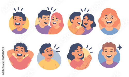 Laughing friends flat icon set. joyful, happy and cheerful expressions collection