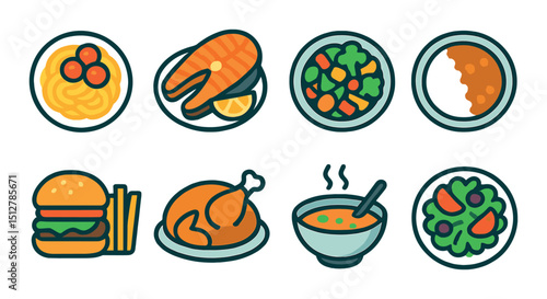 Modern meal flat icon set. food, cuisine, dining symbols for menus