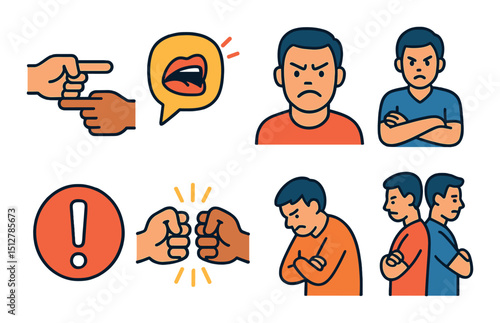 Heated argument icon set in flat style. conflict and disagreement symbols