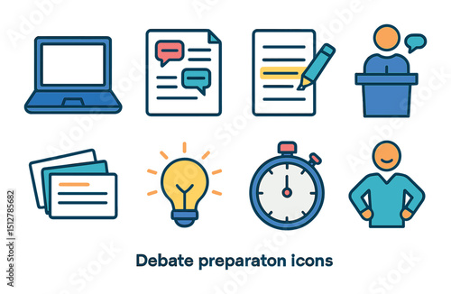 Debate prep icon set: linear style communication and discussion symbols