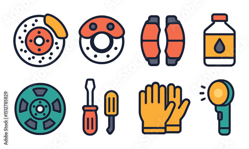 Brake inspection flat icon set. automotive maintenance and repair symbols
