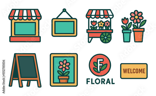 Floral shopfront icon set in flat style. garden, boutique, and flower shop symbols