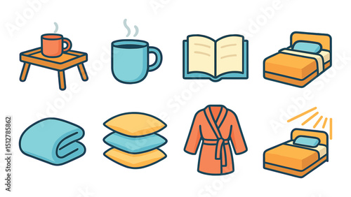 Relaxed morning icon set in flat style. cozy, simple, and serene symbols