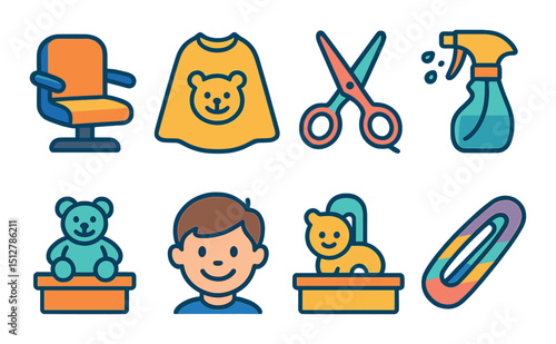 Children's haircut flat icon set. salon and styling symbols for kids