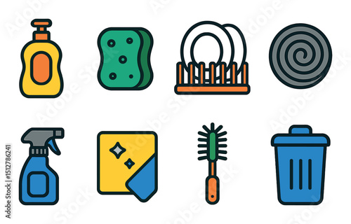Cleaning tools icon set in flat style. tidying and housekeeping symbols