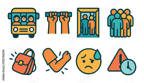 Crowded commute flat icon set. public transport and rush hour symbols
