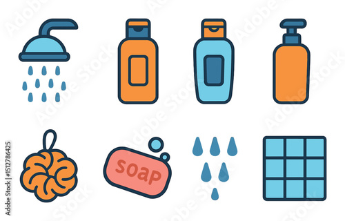 Shower essentials icon set. simple flat designs for bath and personal care