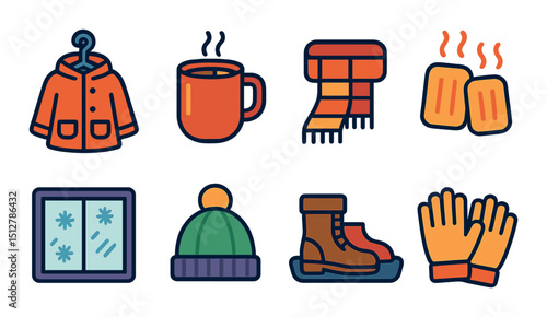 Cold weather flat icon set. winter, chilly season symbols for cozy and warmth themes