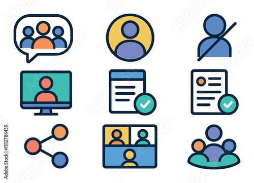 Modern conference flat icon set. meeting, communication, seminar symbols