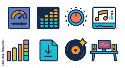 Audio tools icon set in flat design. music editing and sound engineering symbols