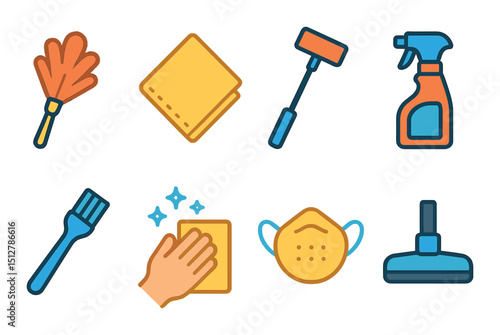 Cleaning tools flat icon set. housekeeping, sanitation, hygiene symbols