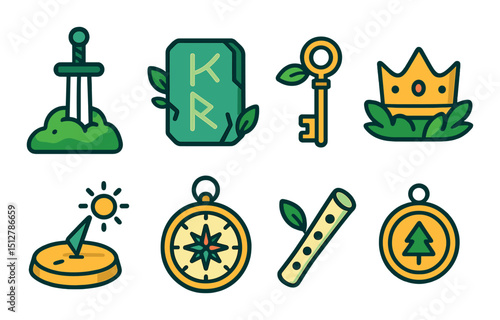 Ancient relics flat icon set. forest heritage symbols and mystical emblems