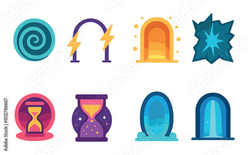 Colorful time portal flat icon set. temporal gateway and time travel symbols