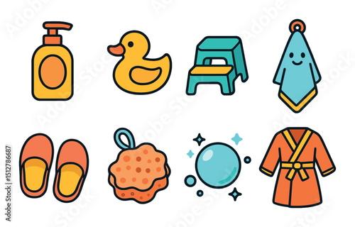 Children's shower icon set in flat style. bath, hygiene, and bathroom symbols