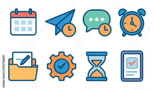 Modern scheduling flat icon set: time management, planning, organization symbols