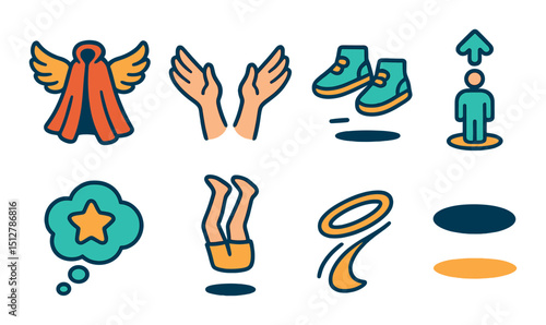 Surreal flight silhouette icon set: whimsical wings and dreamlike journey graphics