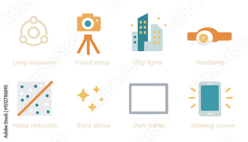 Night photography icon set. flat style with camera and tripod symbols for composition