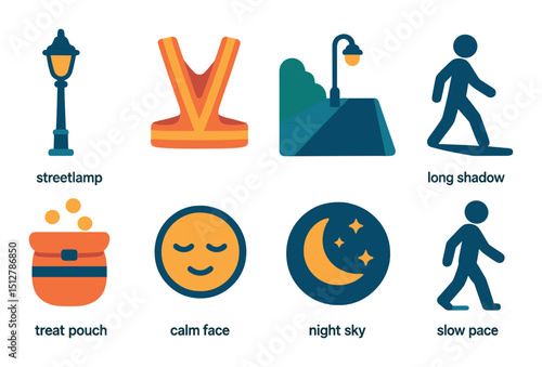 Evening walk flat icon set: nighttime stroll and outdoor adventure symbols