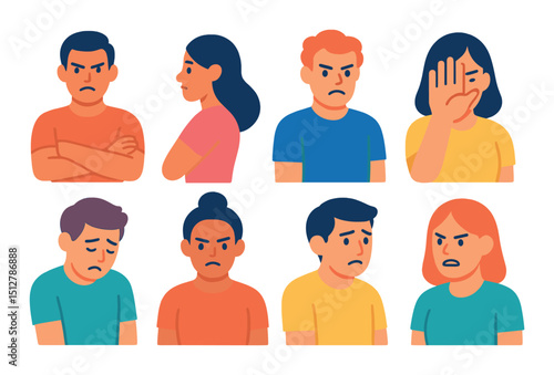 Emotional expression flat icon set. defensive reactions and human emotions symbols