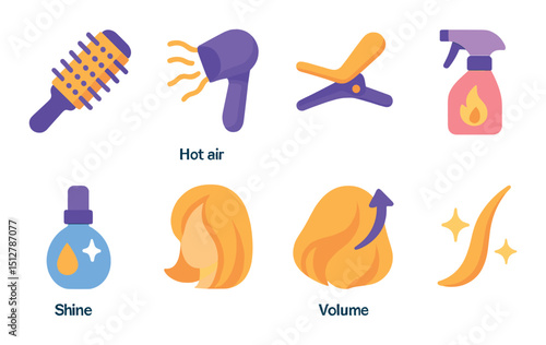 Hair styling flat icon set. blowout, grooming, and salon tools symbols