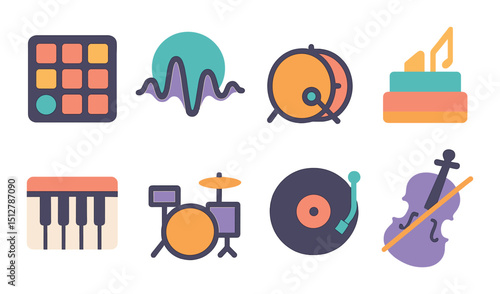 Music genre icon set in flat style. simple and modern sound and rhythm symbols