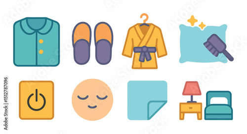 Bedtime routine flat icon set. sleep, relaxation, and night symbols