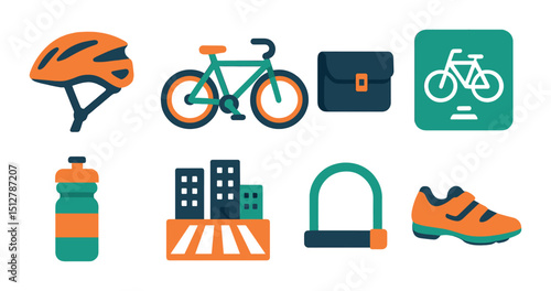 Cycling flat icon set. bicycle and biking essentials in a simple design style