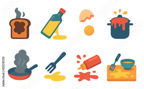 Cooking mishaps flat icon set. kitchen accidents and culinary mistakes symbols
