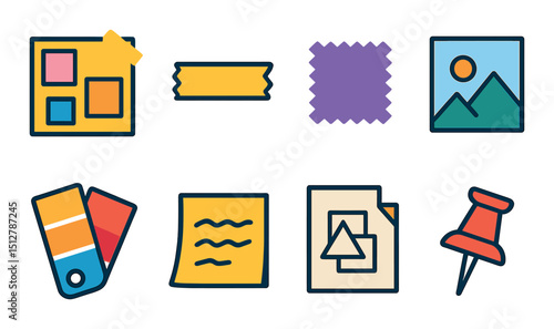 Creative moodboard icon set: flat symbols for design, inspiration, and planning tools