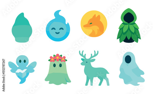Forest spirits icon set in flat style. nature and mystical creature symbols